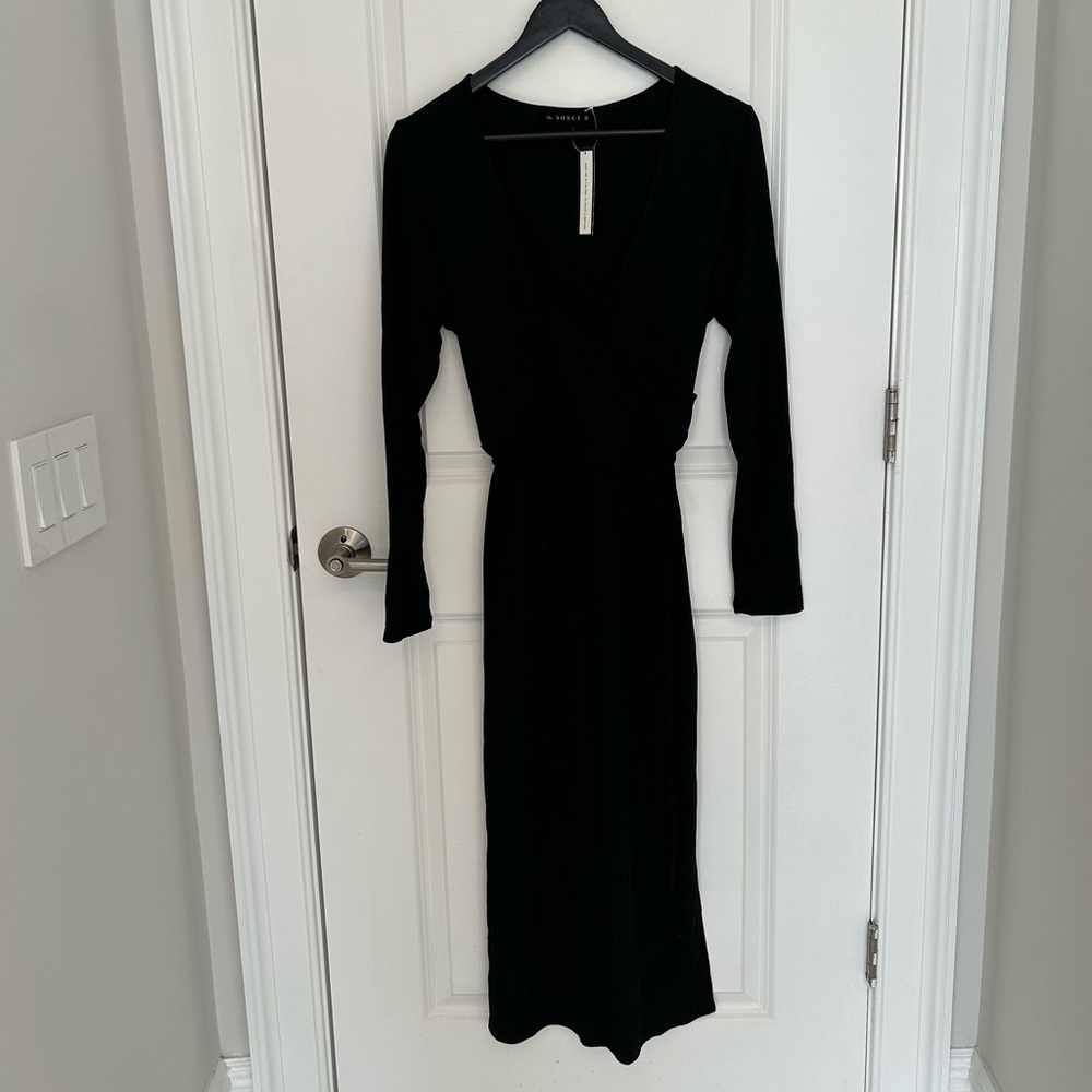 Soncy Ribbed Faux Wrap Shimmer Midi Dress